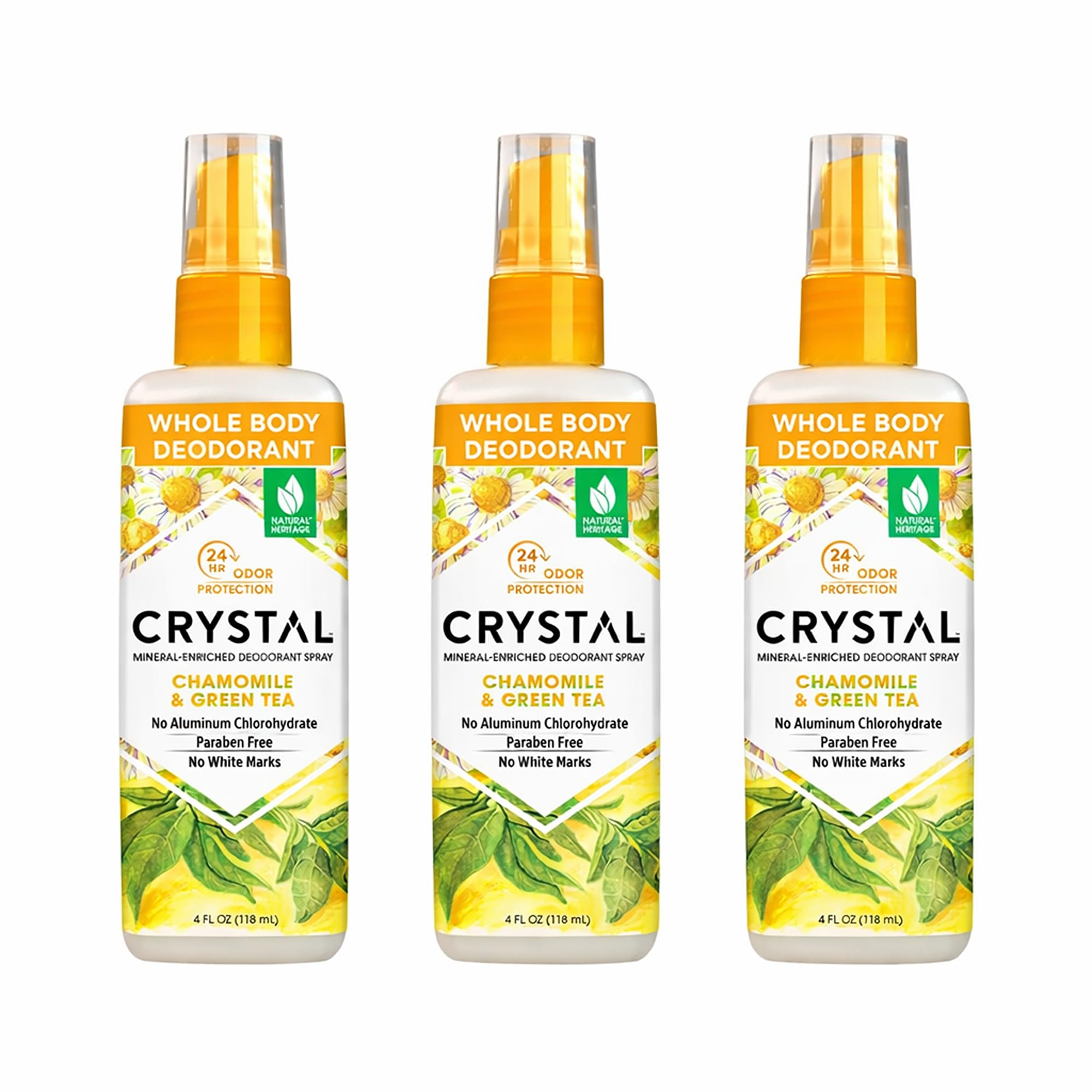 Crystal Essence front packaging showing chamomile green tea scent and product benefits