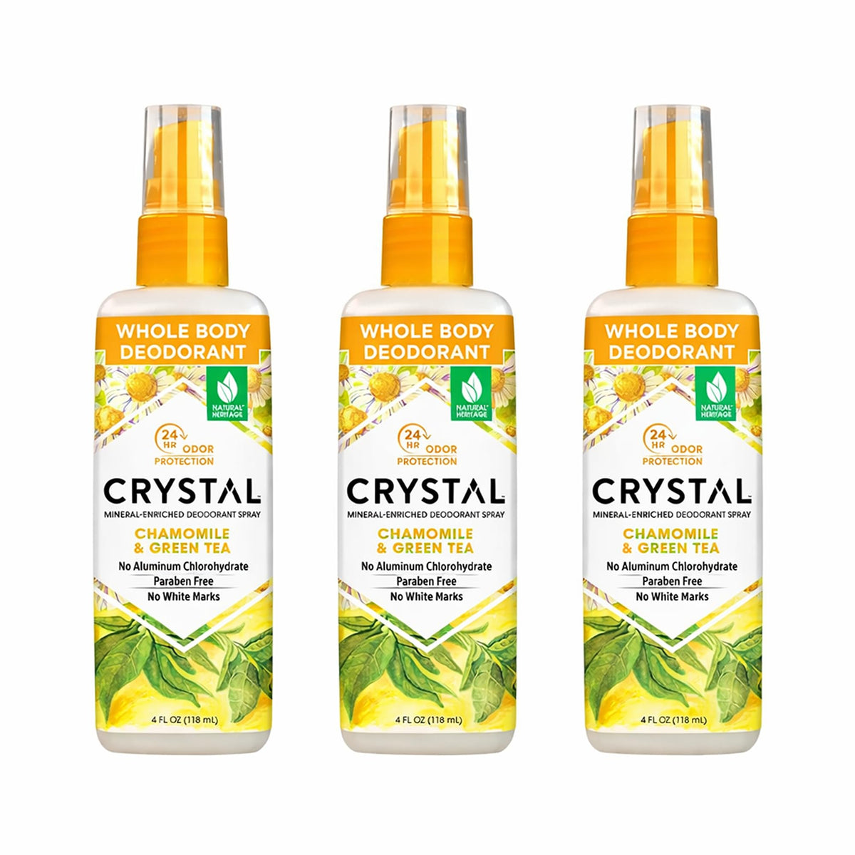 Crystal Essence front packaging showing chamomile green tea scent and product benefits