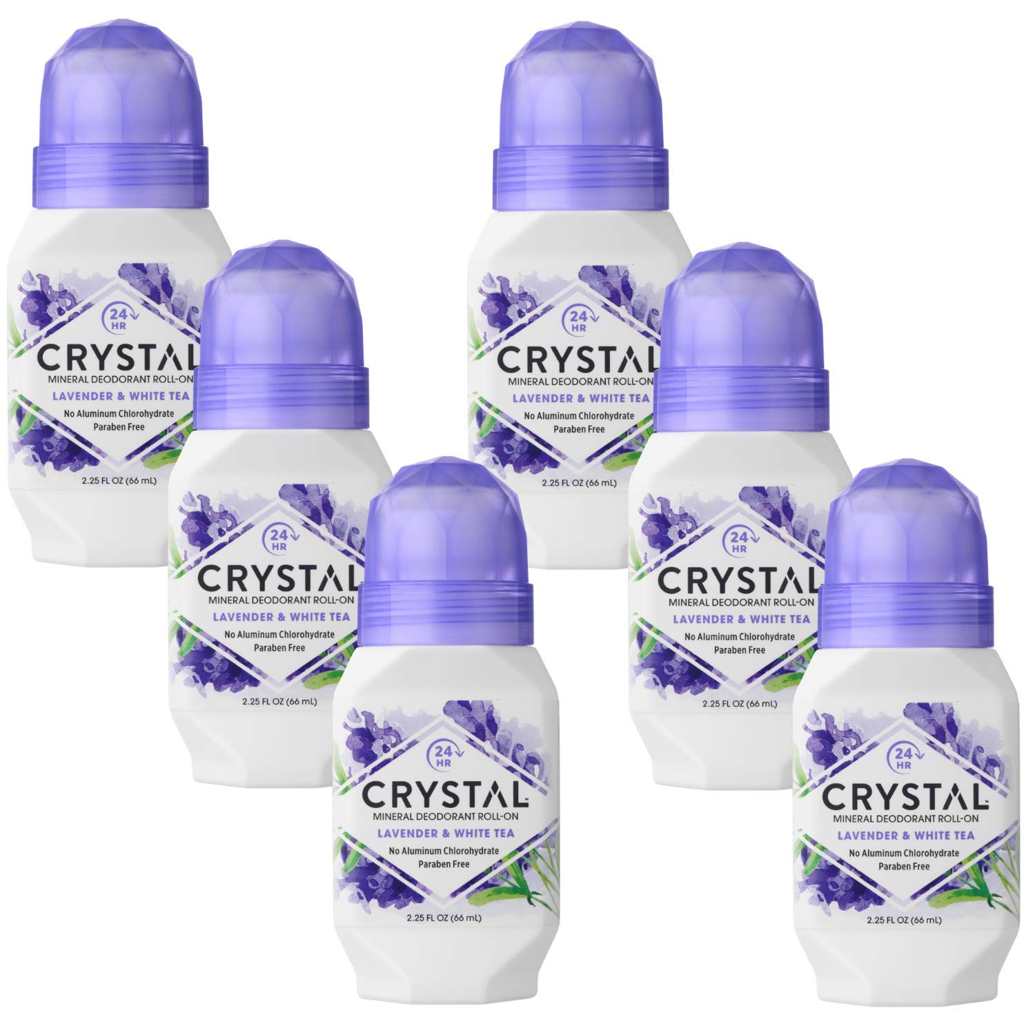 Crystal Essence front packaging showing six Lavender & White Tea roll-ons, value pack benefit
