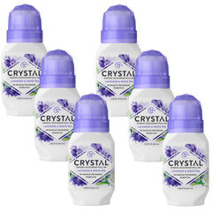 Crystal Essence front packaging showing six Lavender & White Tea roll-ons, value pack benefit