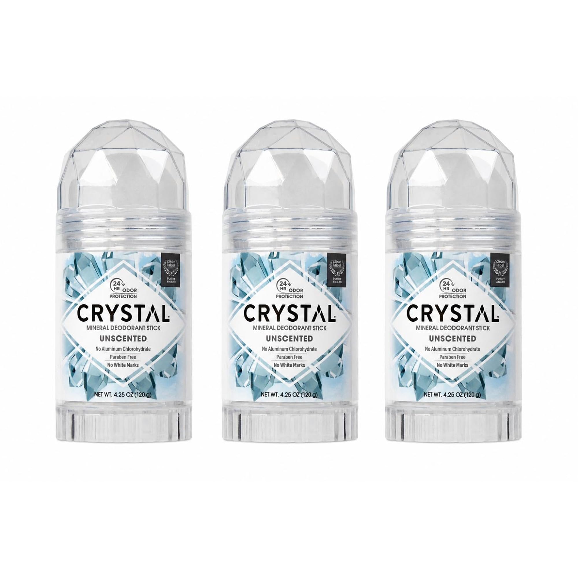 Crystal Essence front packaging of unscented deodorant, clear ingredients benefit