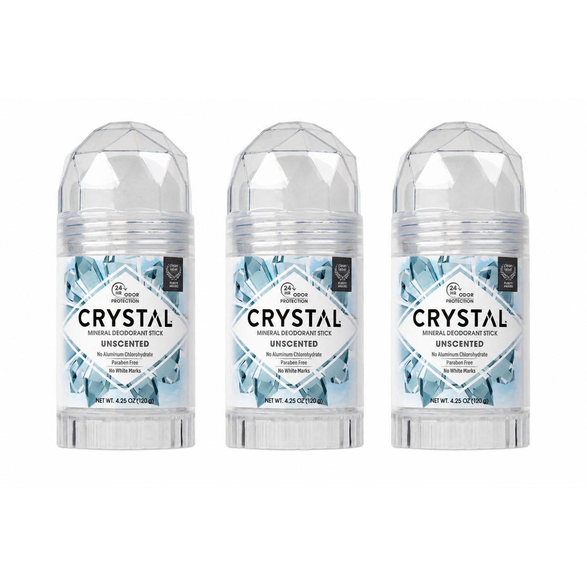 Crystal Essence front packaging of unscented deodorant, clear ingredients benefit