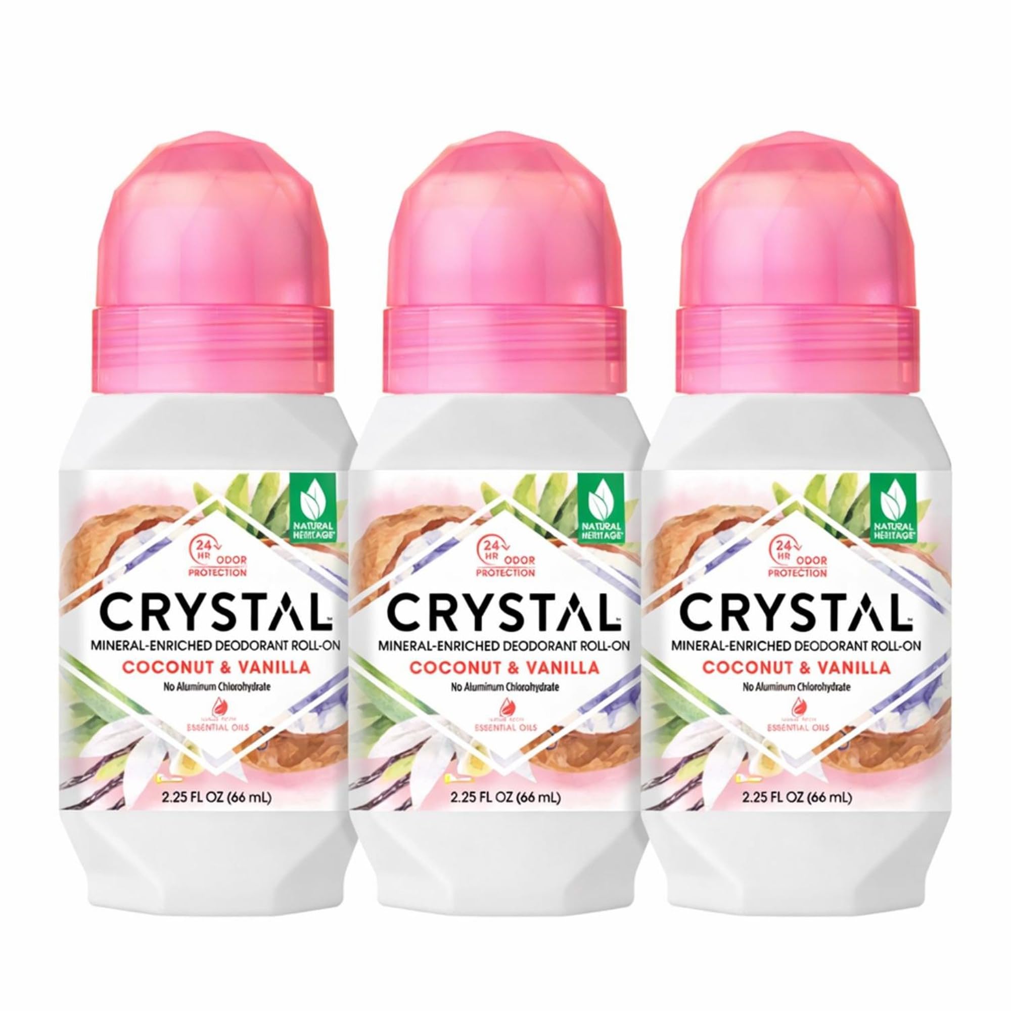 Crystal Essence roll-on front packaging showing coconut vanilla scent and benefits