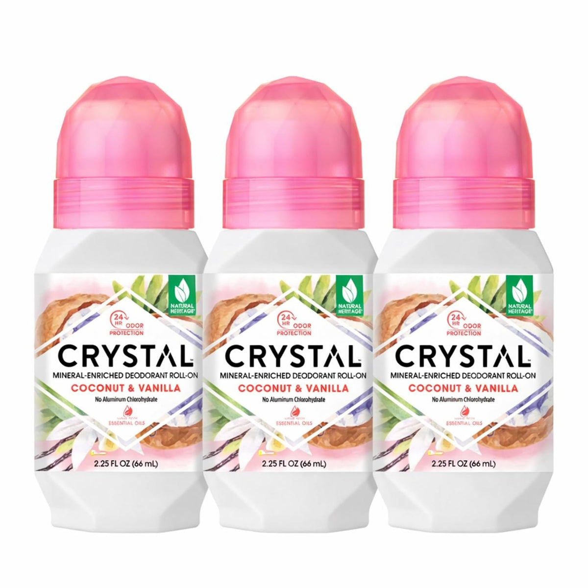 Crystal Essence roll-on front packaging showing coconut vanilla scent and benefits
