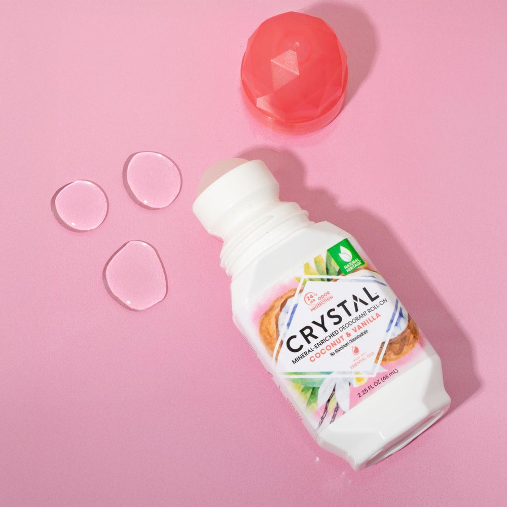 Crystal Essence roll-on open top during application demonstrating mess-free use benefit