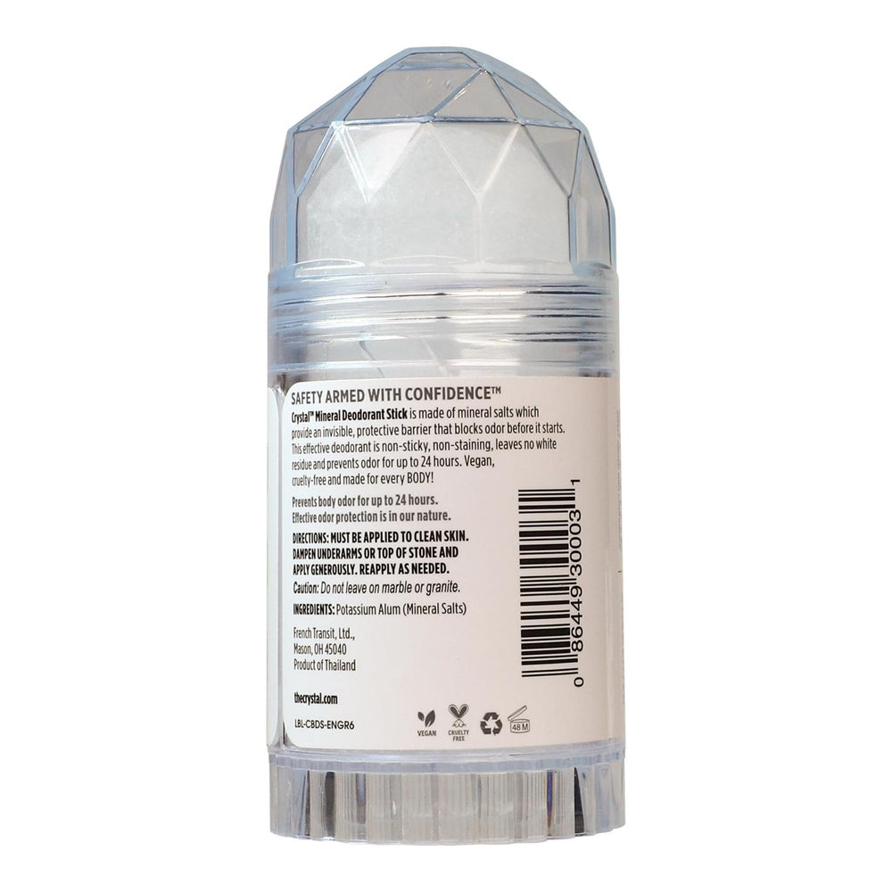 Crystal Essence stick opened to show solid mineral top, easy application benefit