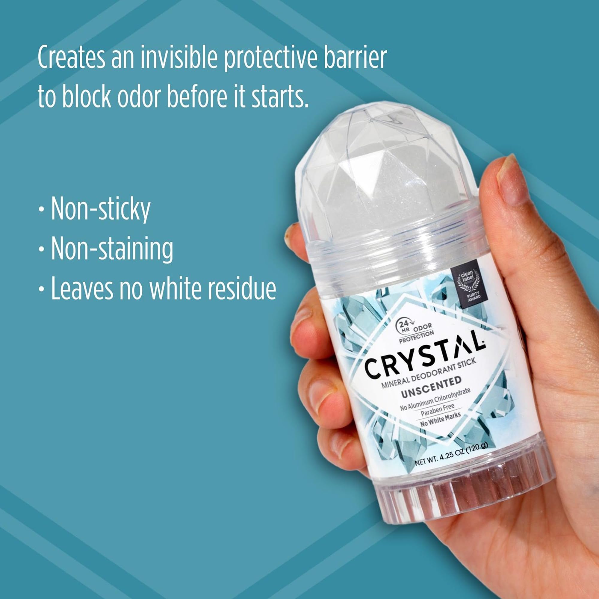 Crystal Essence close-up texture of mineral stick, smooth dry finish benefit