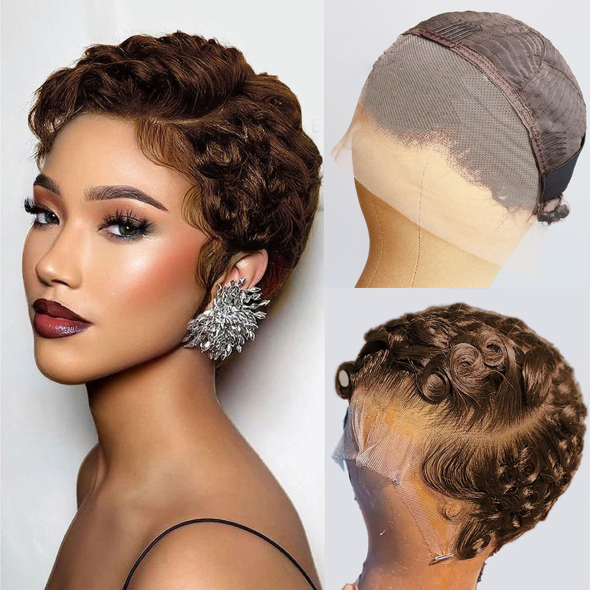 CRYSTALHAIR front view chocolate brown pixie showing natural hairline and confidence