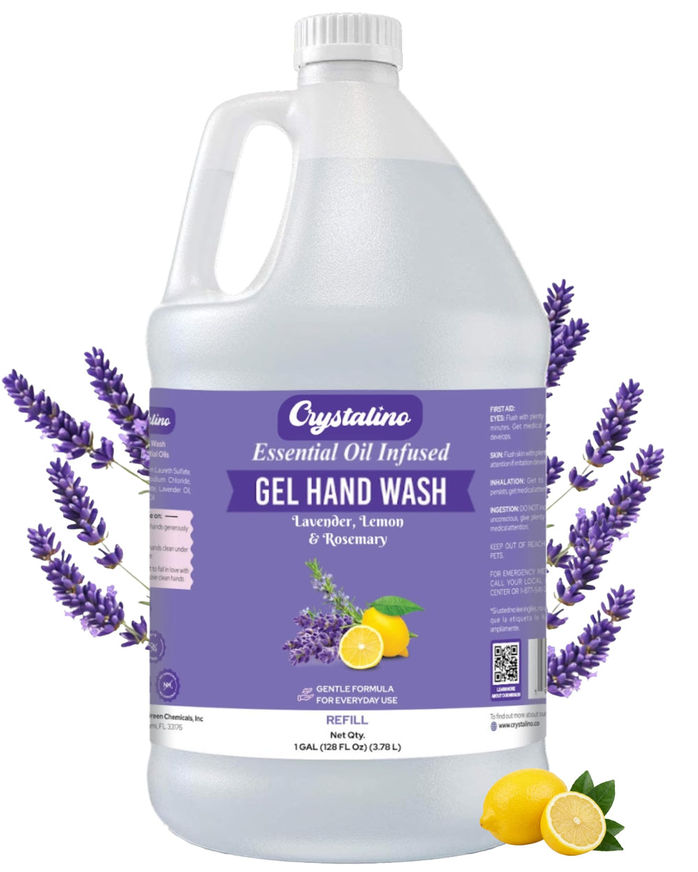 Crystalino gallon front label showing product name and lavender scent benefit