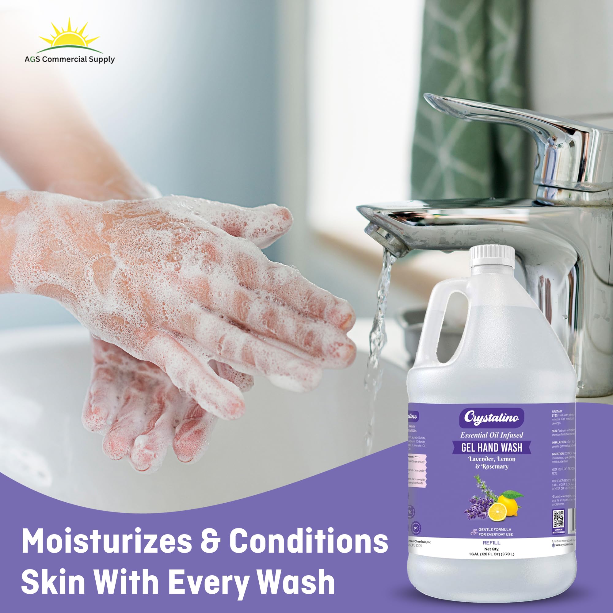 Crystalino in a bathroom sink setup conveying tidy refill solution and pleasant scent benefit