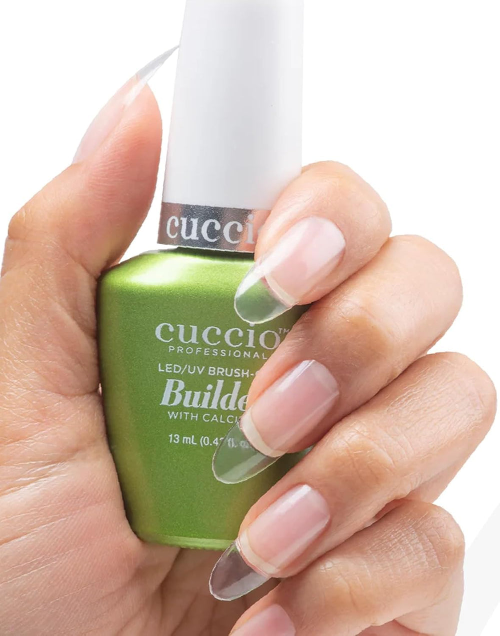 Cuccio base coat label detail highlighting ingredients and professional compatibility benefit