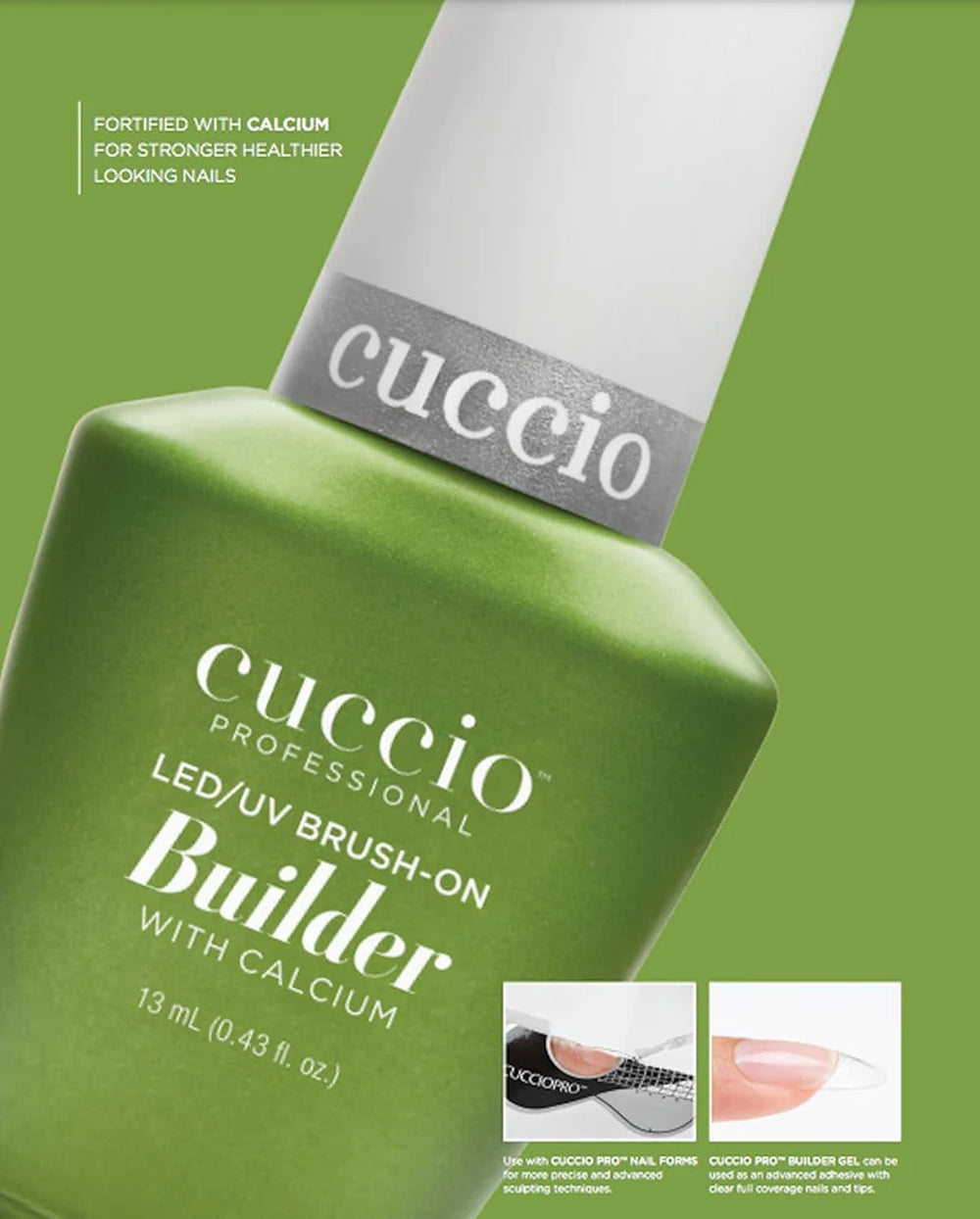 Cuccio brush-on builder close-up on brush tip for precise application benefit