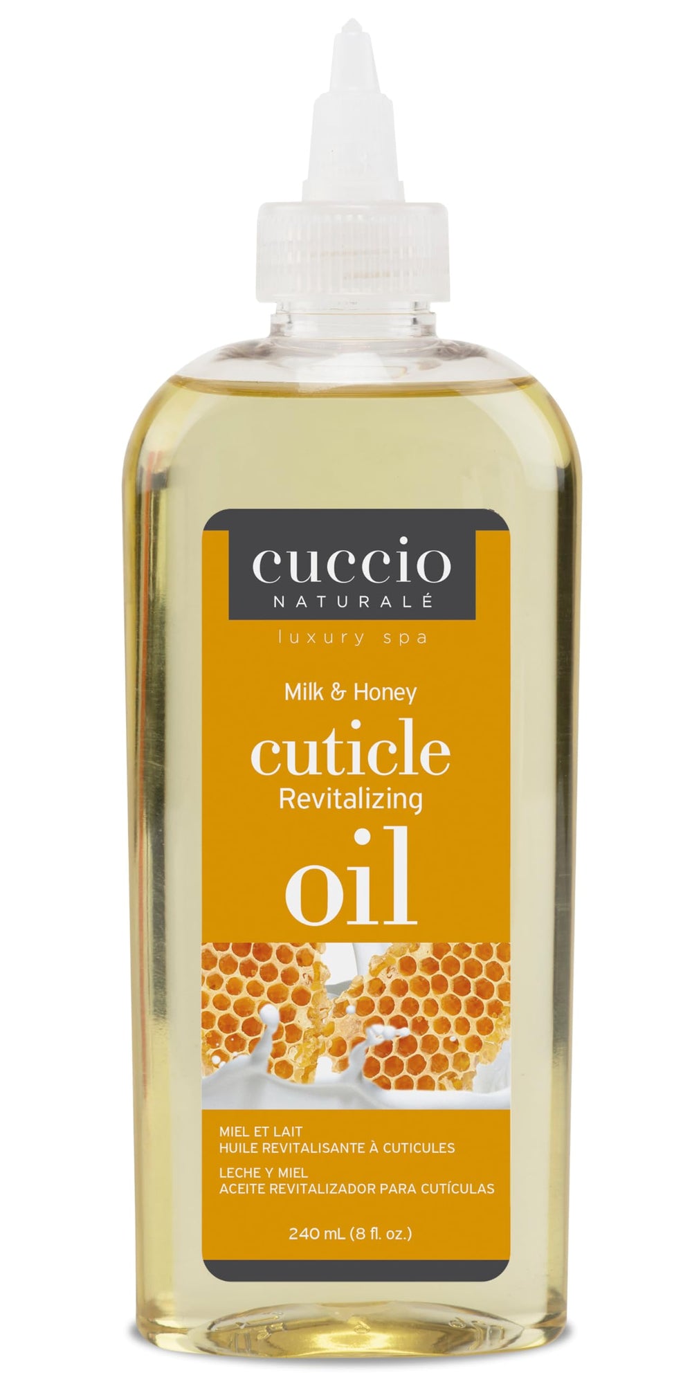 Cuccio bottle front view showing label and easy-pour top, promotes at-home spa results