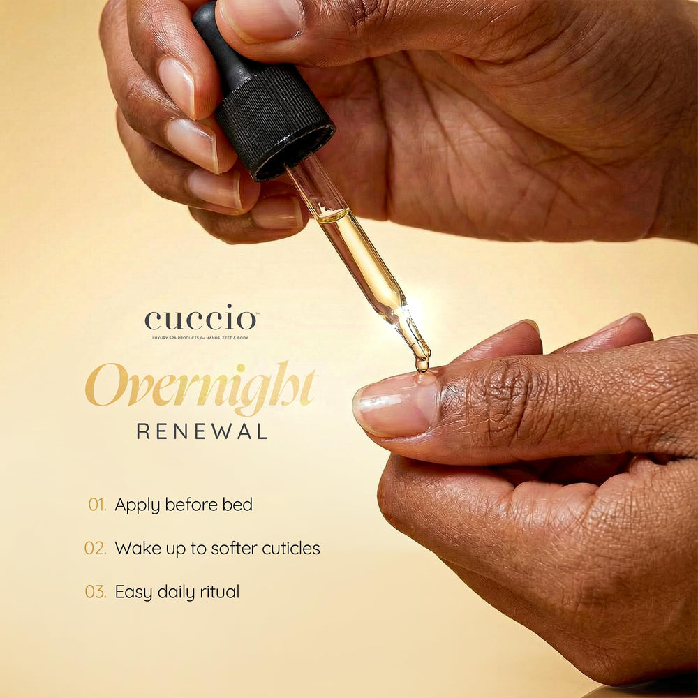 Cuccio application on fingers and cuticles at night, demonstrates fast absorption and hydration