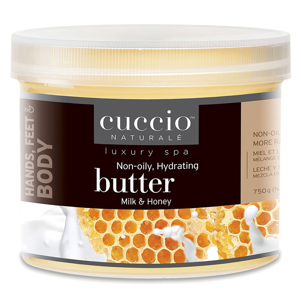 Cuccio jar front view showing brand and milk and honey benefits