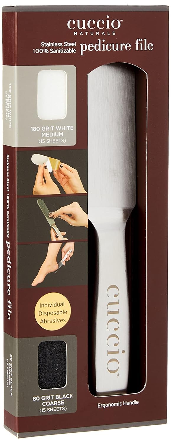 Cuccio stainless steel pedicure file front view showing durable tool and hygiene benefit
