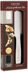 Cuccio stainless steel pedicure file front view showing durable tool and hygiene benefit