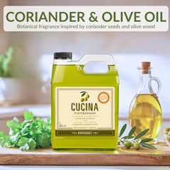 Cucina label closeup highlighting olive oil and biodegradable formula information