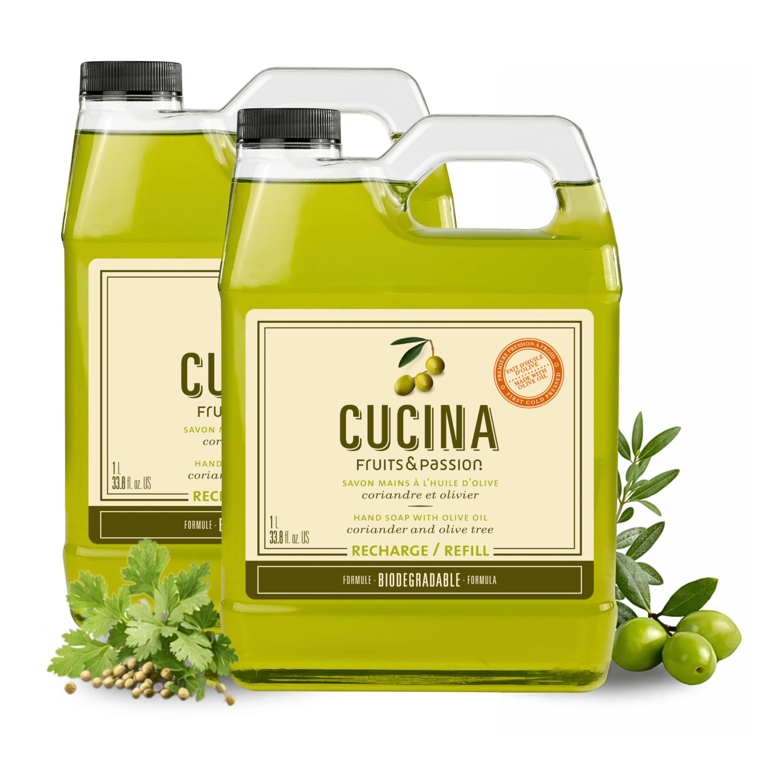 Cucina front packaging showing coriander and olive tree scent, highlights refill convenience