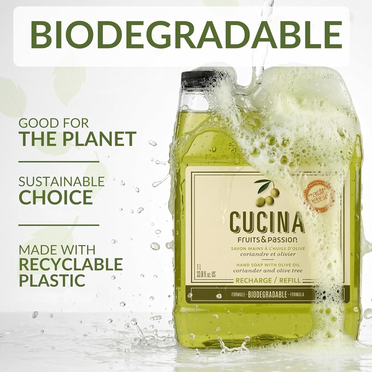 Cucina recyclable jug and cap detail, showcases eco-friendly packaging