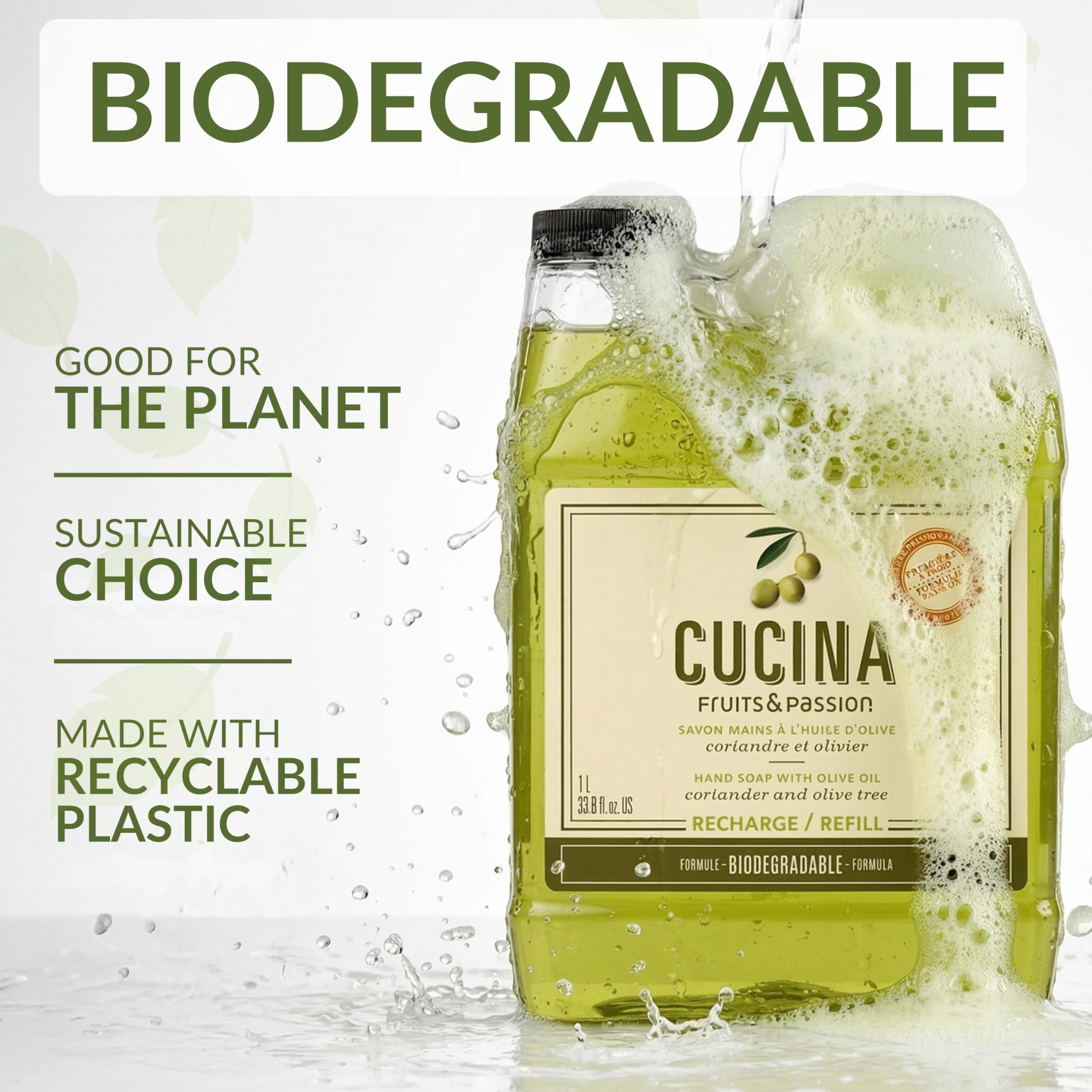 Cucina 1L refill next to fruit bowl showing scale and value for households