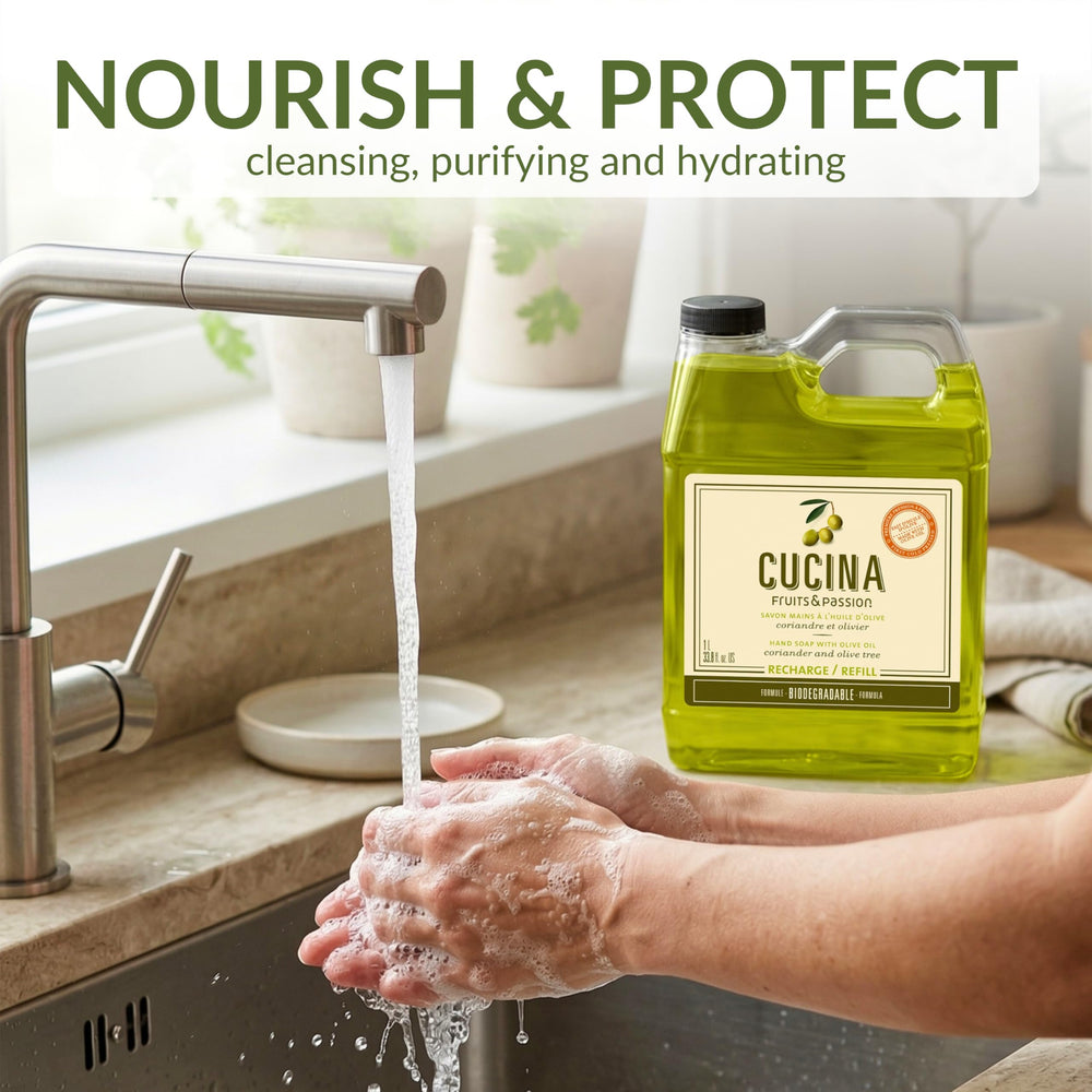 Cucina lather on hands in kitchen removing grease while protecting skin