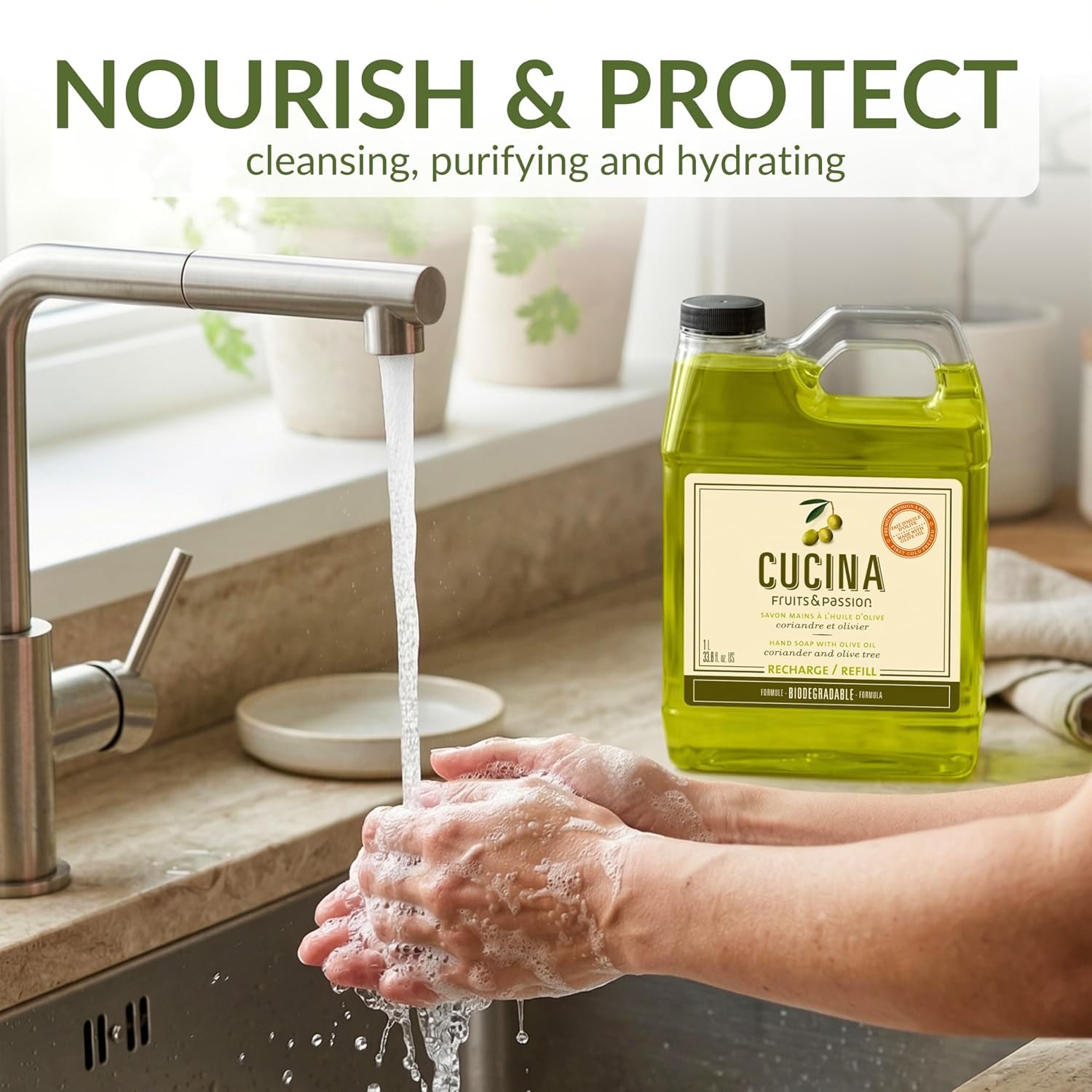 Cucina lathered foam on hands, gentle cleansing and non-drying shown