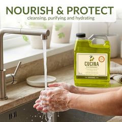 Cucina lathered foam on hands, gentle cleansing and non-drying shown