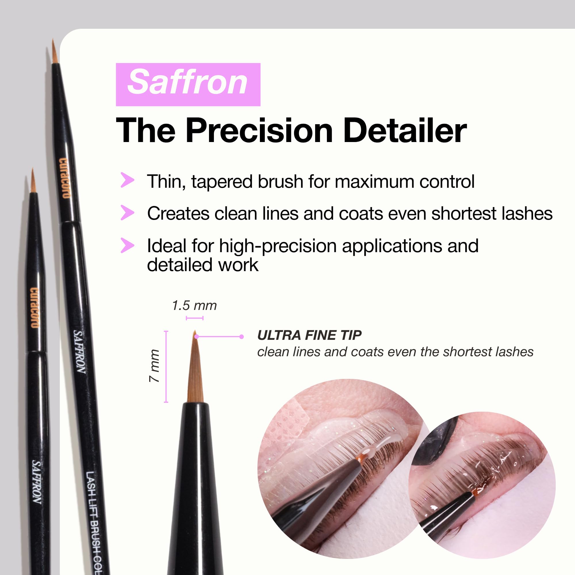 CURACORO brushes in use during lash lift improving application control