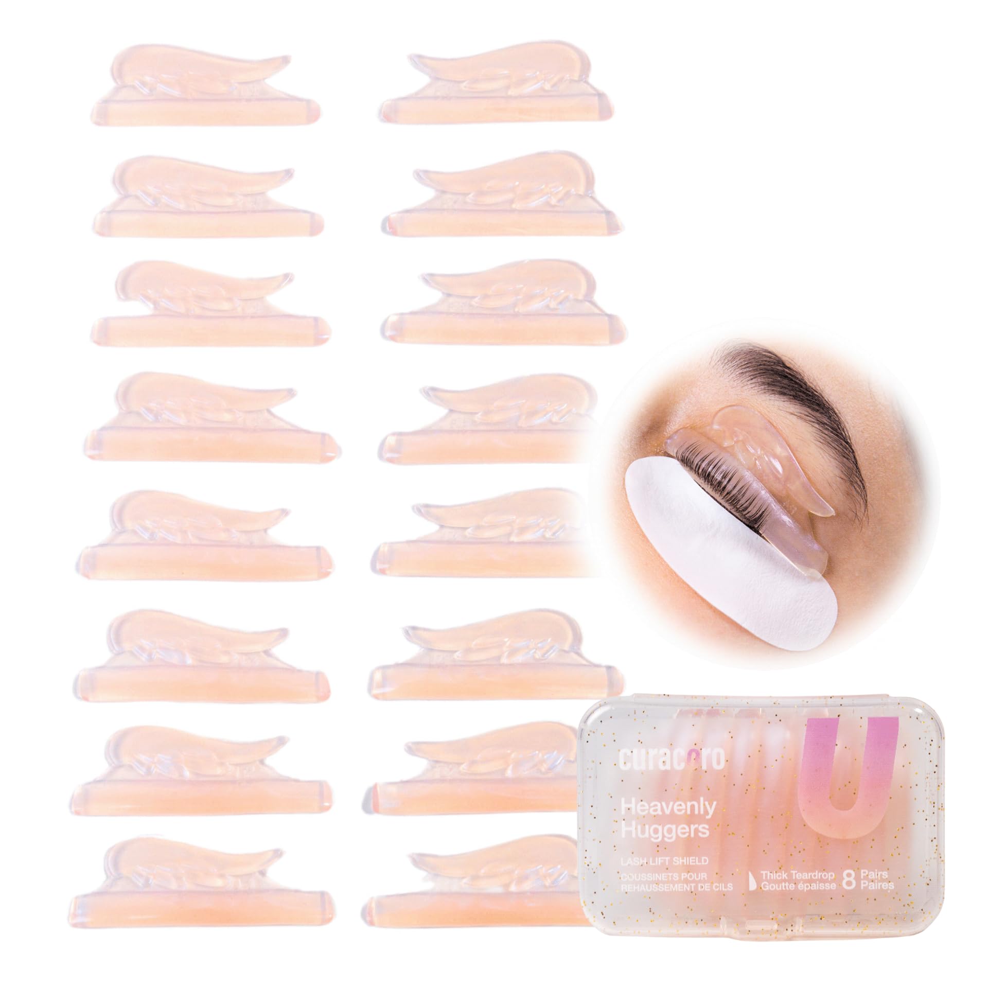 CURACORO front packaging showing 16 reusable lash lift rods and benefits
