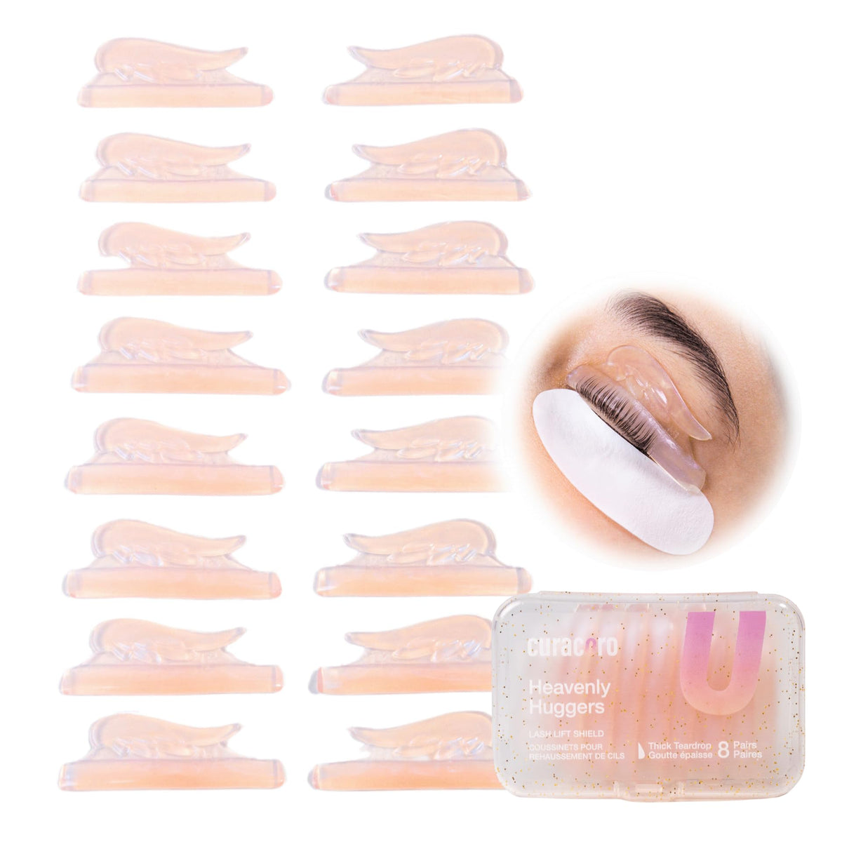 CURACORO front packaging showing 16 reusable lash lift rods and benefits