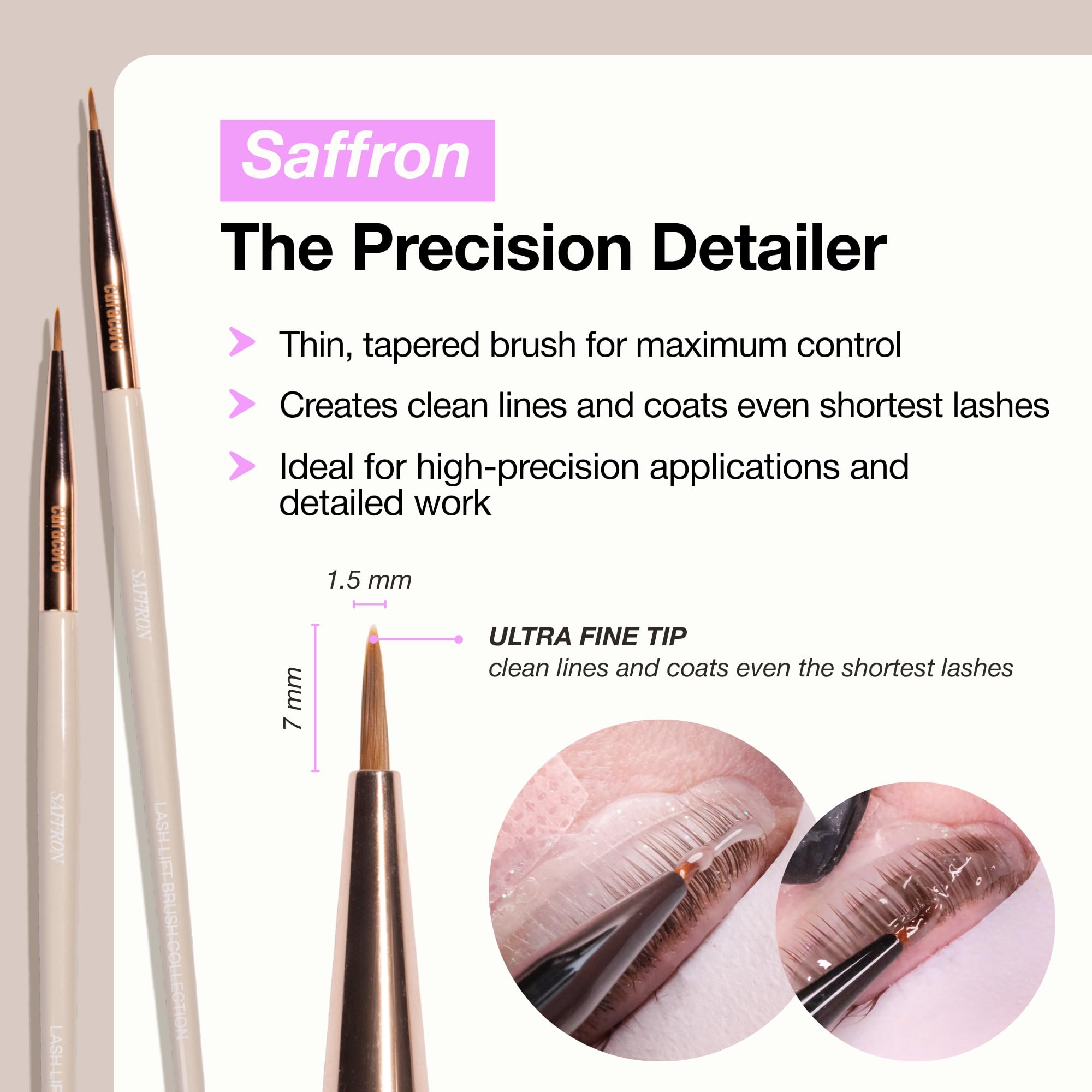 CURACORO brushes in use placing lashes on a silicone shield for accurate application