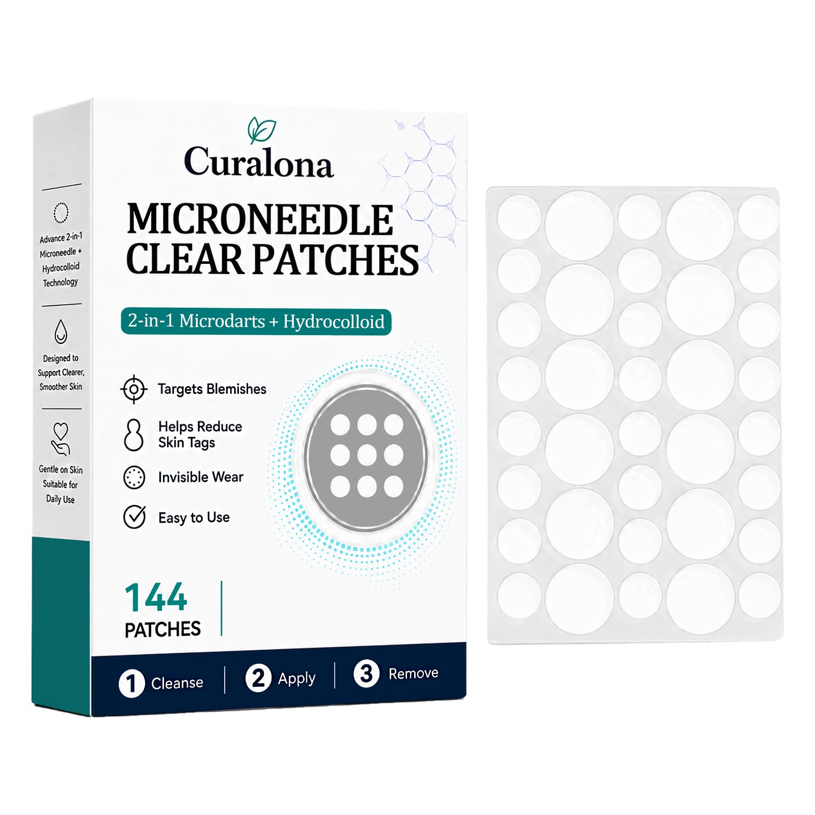 Curalona front packaging showing 144-count and clear patches benefit convenience