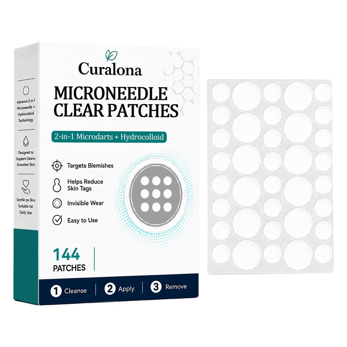 Curalona front packaging showing 144-count and clear patches benefit convenience