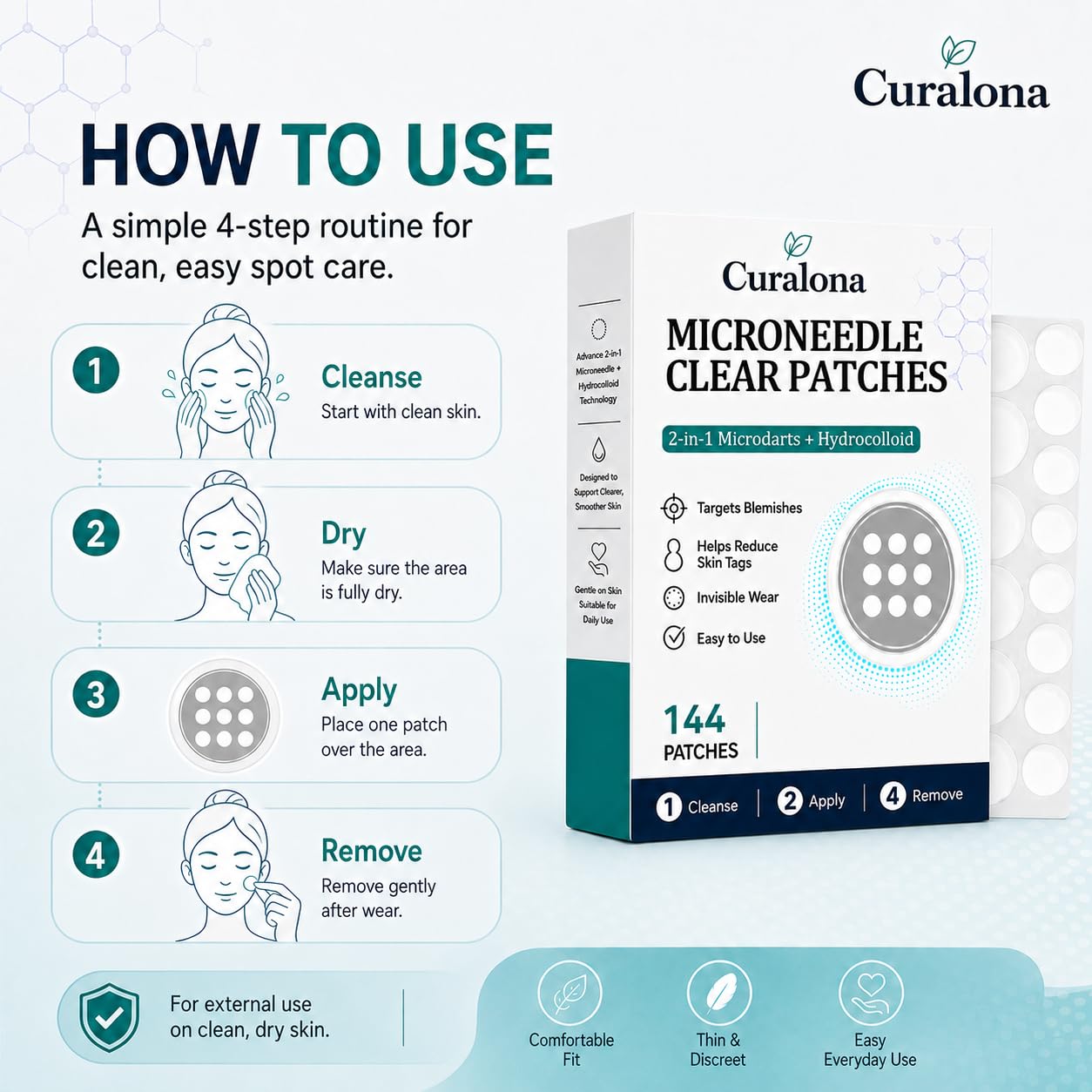 Curalona patch on forehead showing subtle coverage and refining benefit