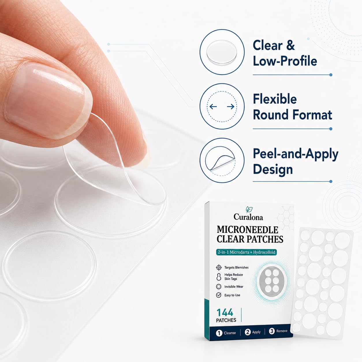 Curalona transparent patch on skin demonstrating discreet wear benefit