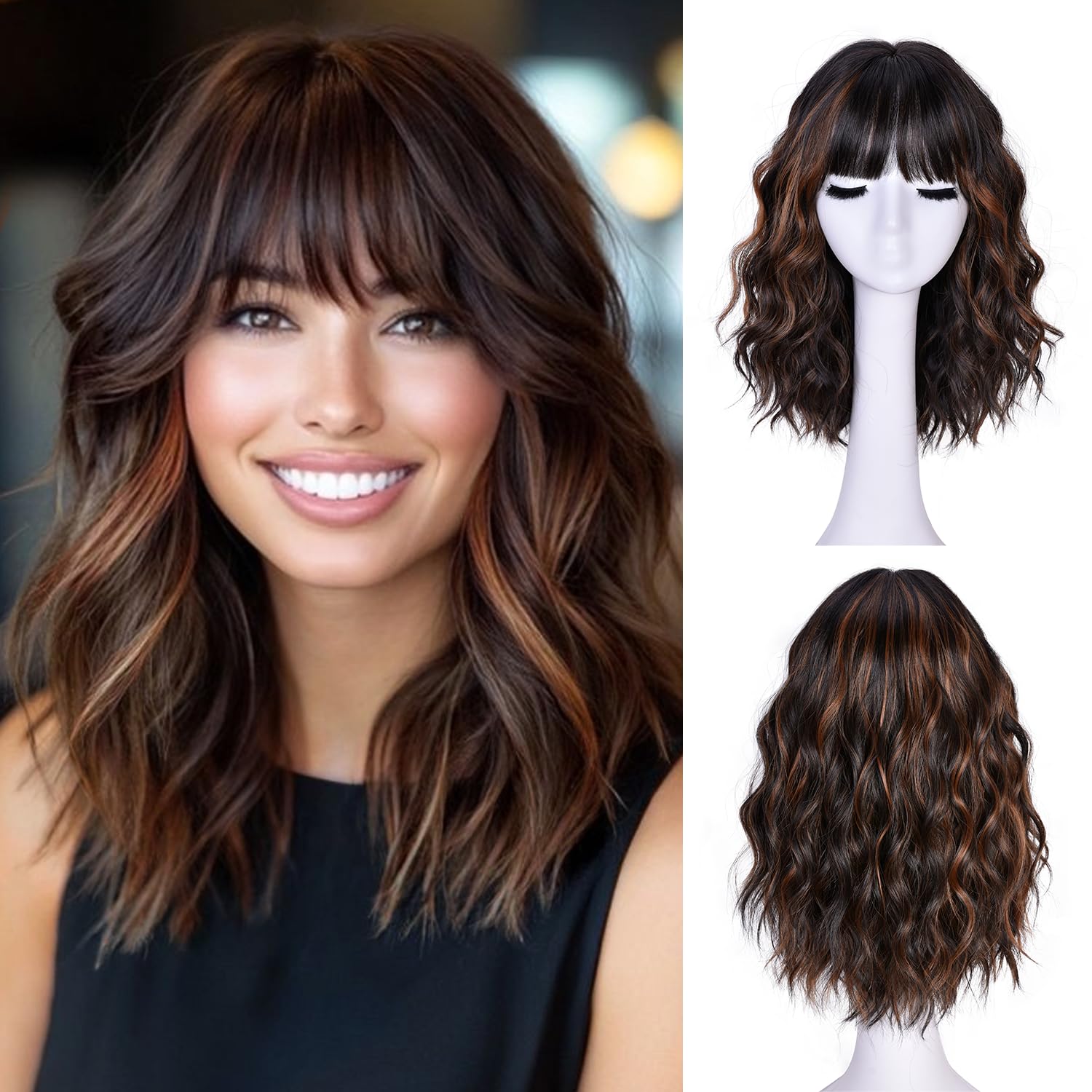 CURLCRAZY front view showing bangs and natural wavy bob, instant style