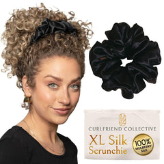 Curlfriend black scrunchie front view showing elegant hold and style