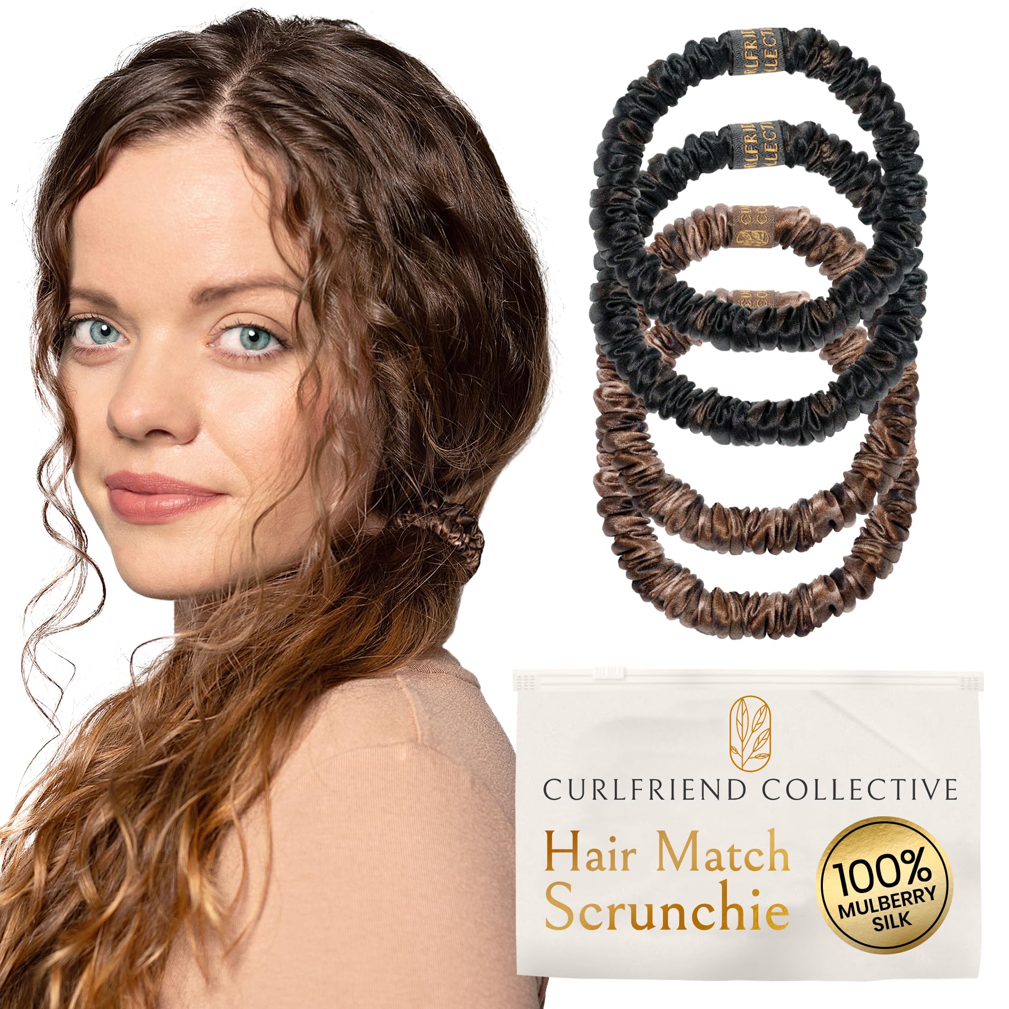 Curlfriend Collective scrunchie front packaging showing brown set and neat branding for easy gifting