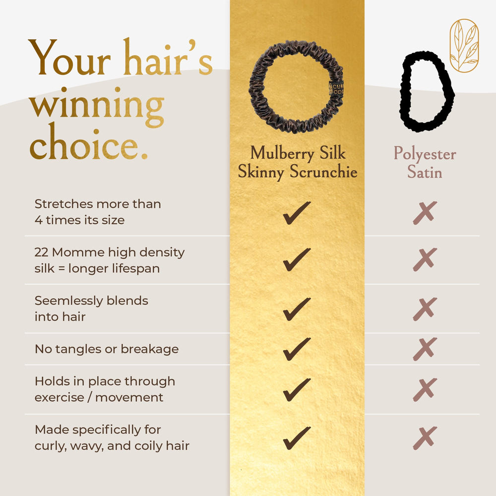 Curlfriend Collective scrunchie side profile next to a coin to show slim scale and discreet look