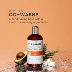 CURLSMITH bottle with key ingredients flatlay highlighting nourishing formula