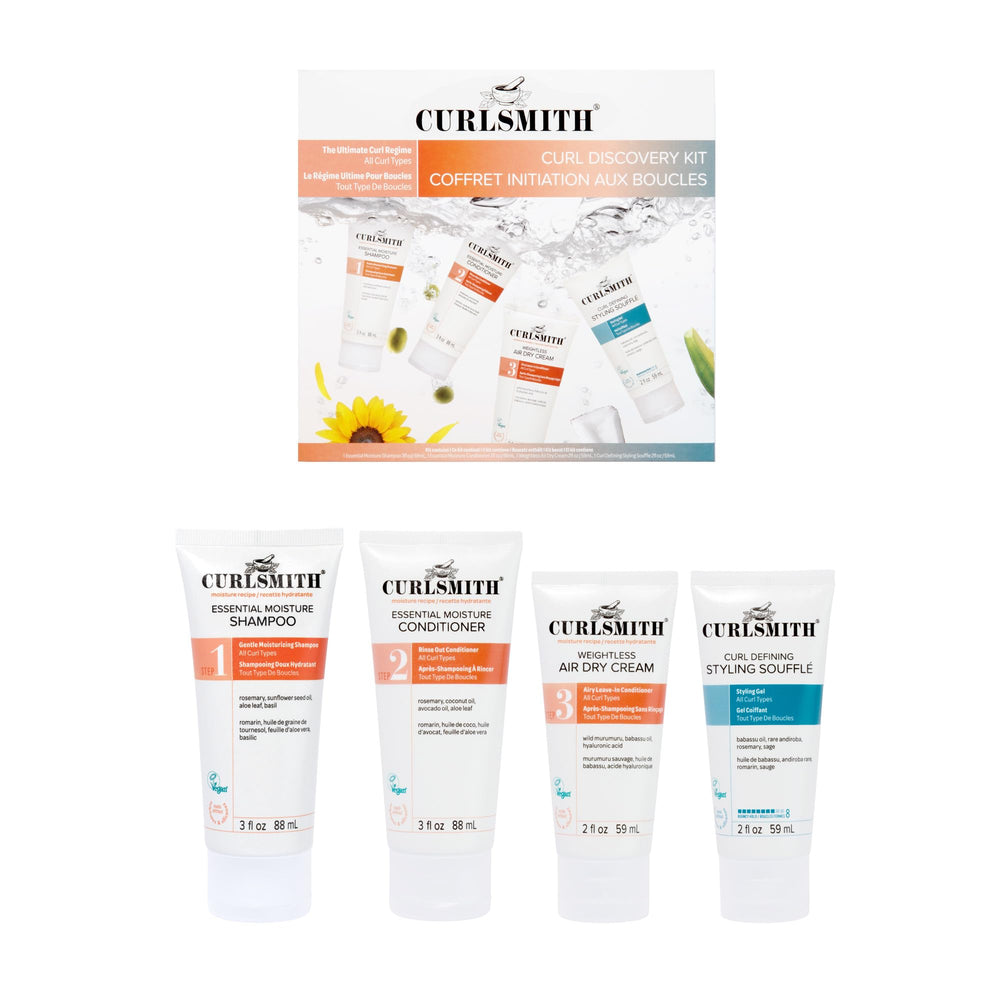 CURLSMITH kit front packaging showing all four travel-size products and benefits