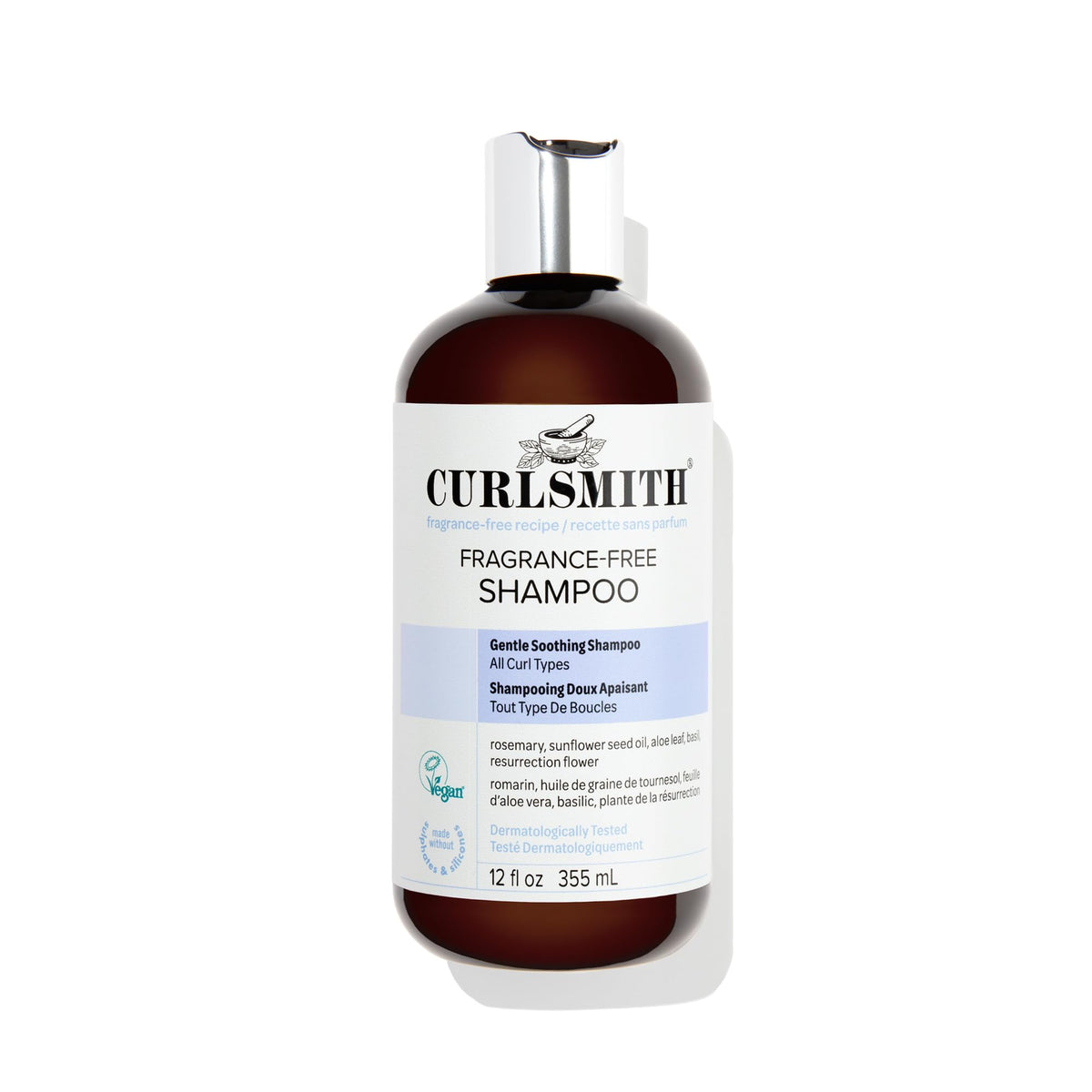 CURLSMITH front bottle showing fragrance-free shampoo and clear label benefit