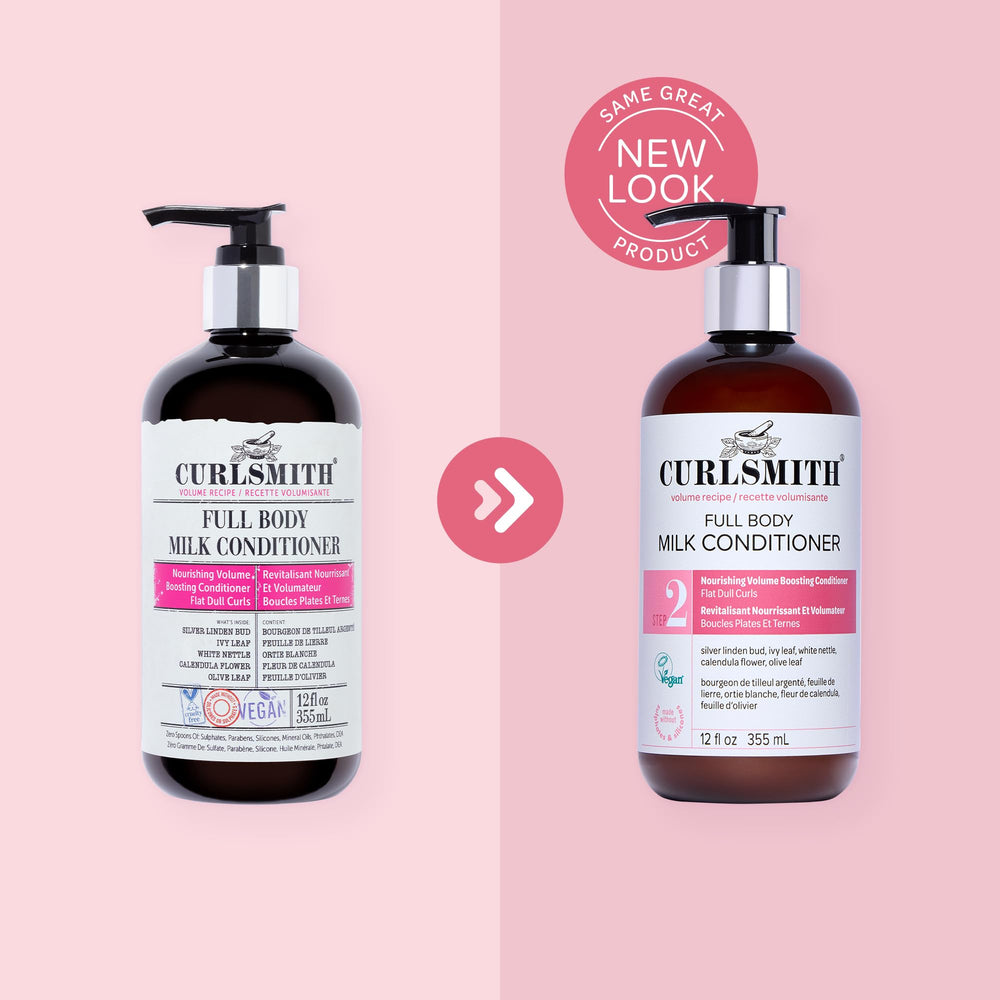 CURLSMITH conditioner in shower setting showing rinse-out use and salon-style routine benefit