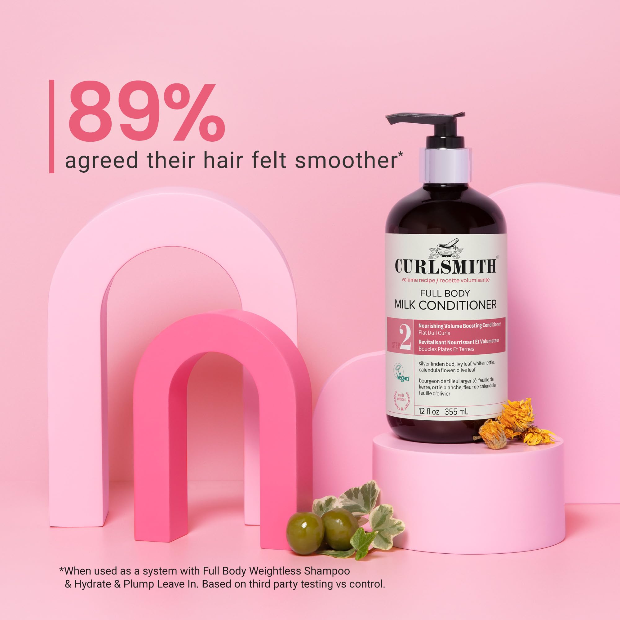 CURLSMITH bottle next to everyday objects to show 12 oz size and convenient storage benefit