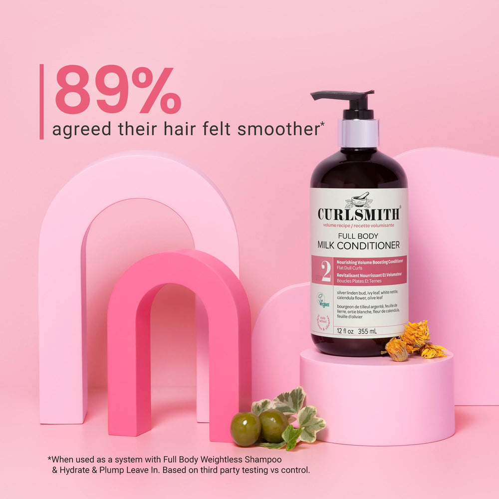 CURLSMITH bottle next to everyday objects to show 12 oz size and convenient storage benefit
