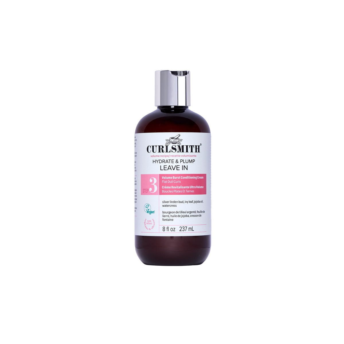CURLSMITH front packaging showing leave in conditioner and volumizing benefit