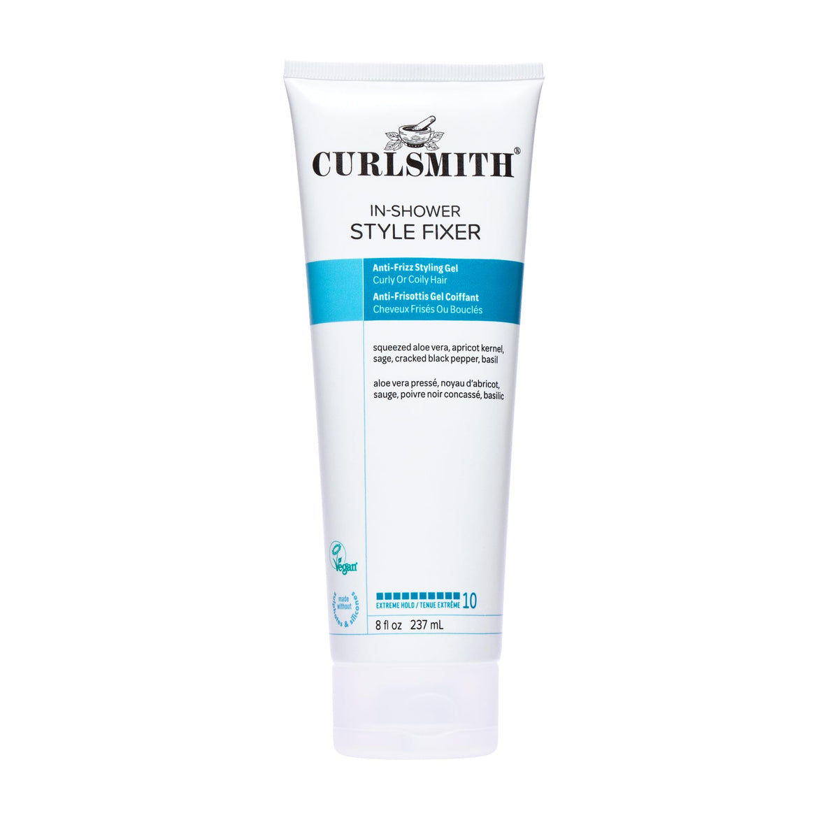 CURLSMITH front pouch showing product label and strong hold benefit