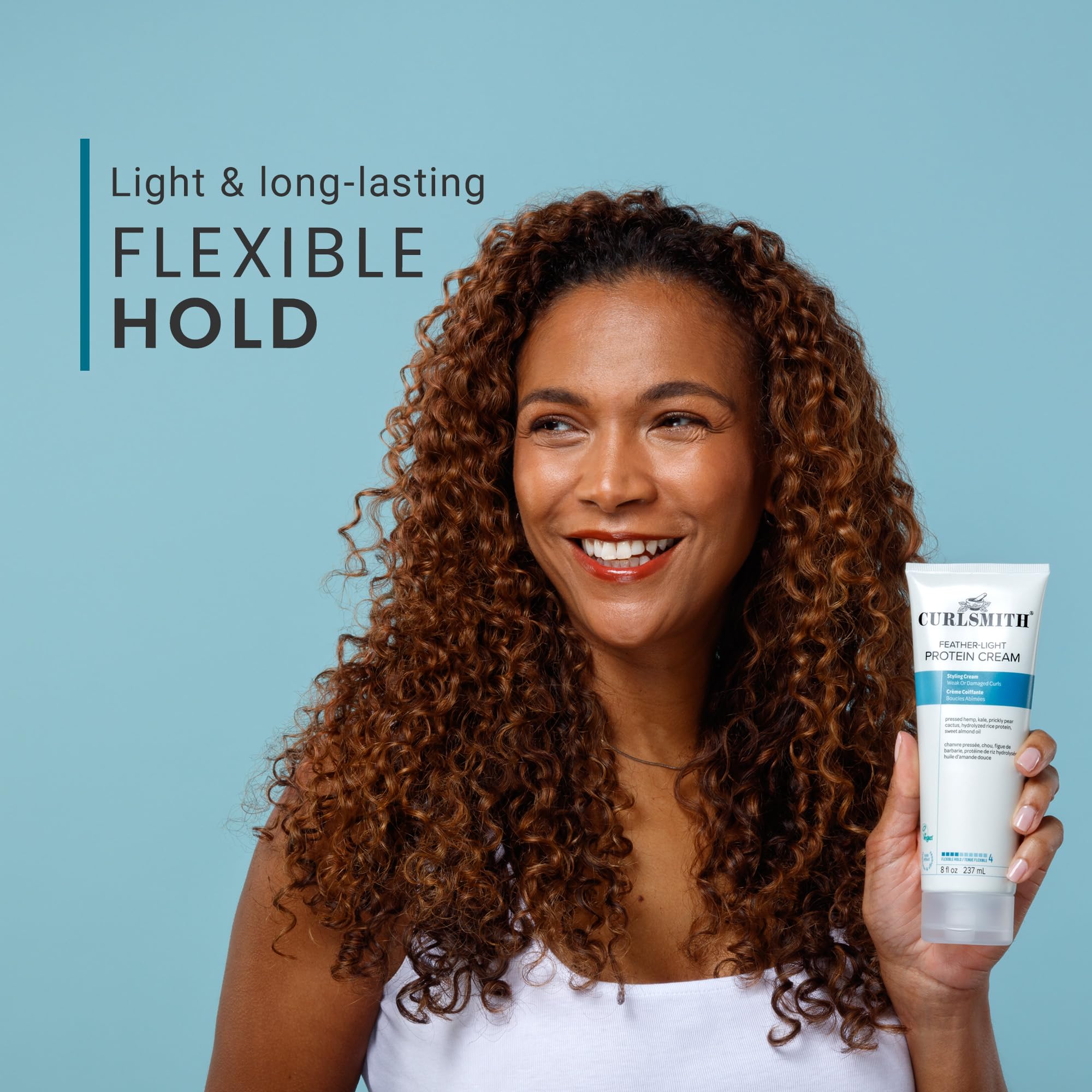 CURLSMITH label close-up showing rice protein and clean-beauty claims