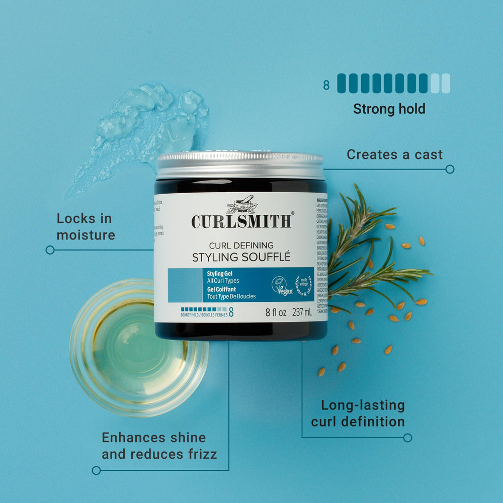 CURLSMITH products being applied to curly hair demonstrating definition and bounce